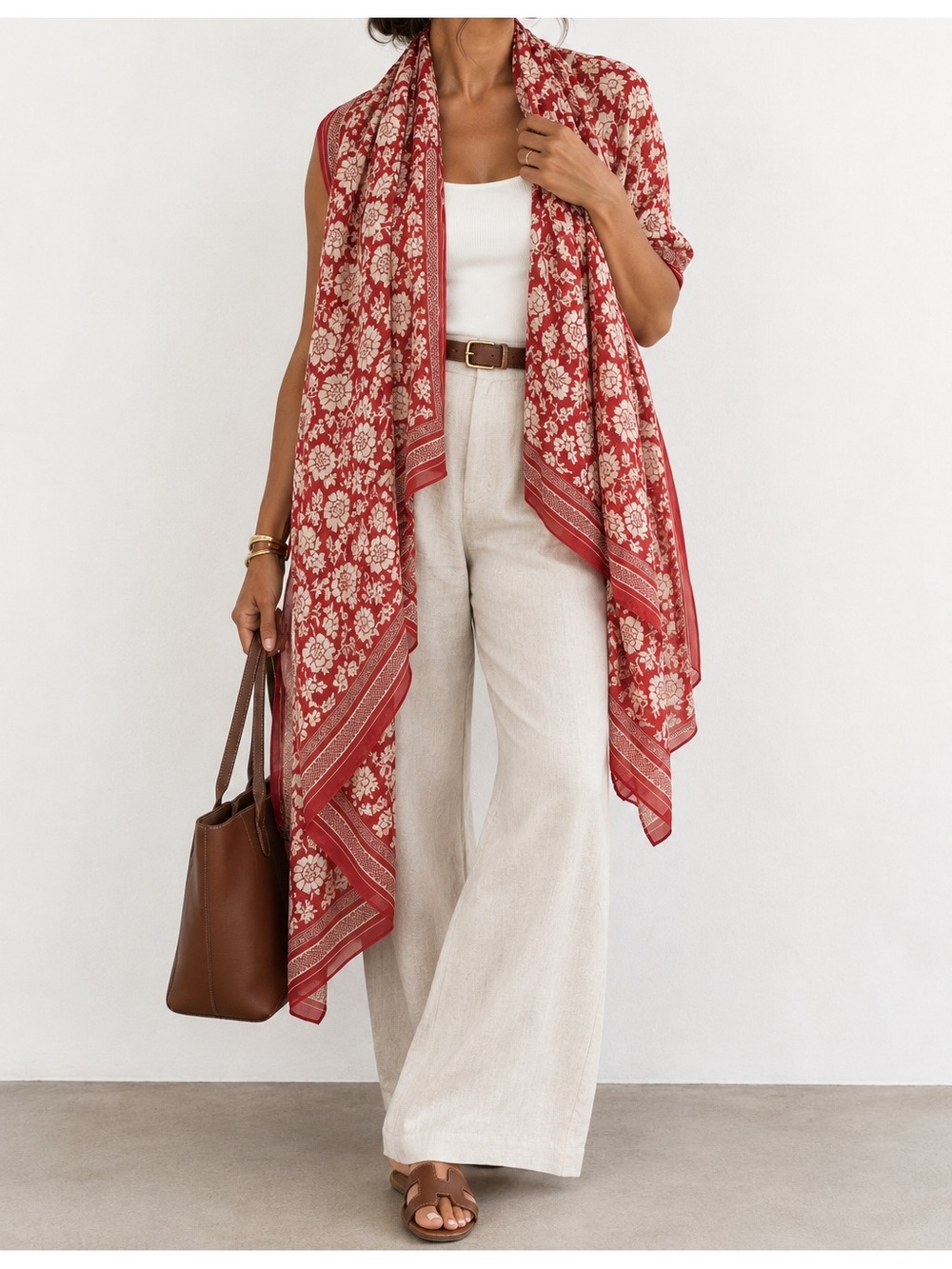 Ann Taylor Red Cream Floral Vintage 100% Cotton Long Rectangle 72x34 Scarf Boho